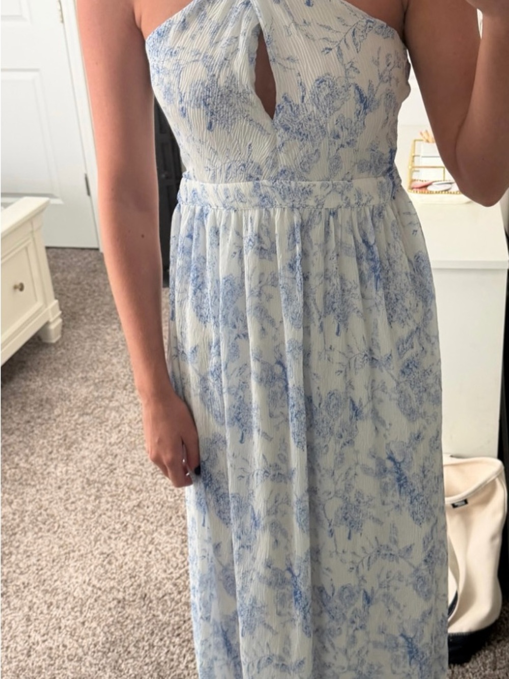 Blue Floral Strapless Maxi Dress with Keyhole Detail